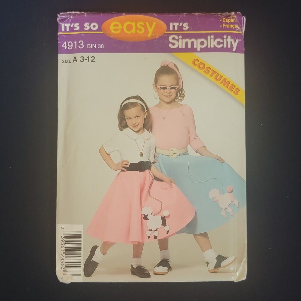 Simplicity Halloween Costumes Easy Sewing Pattern 4913 Girls Poodle Skirt 3-10